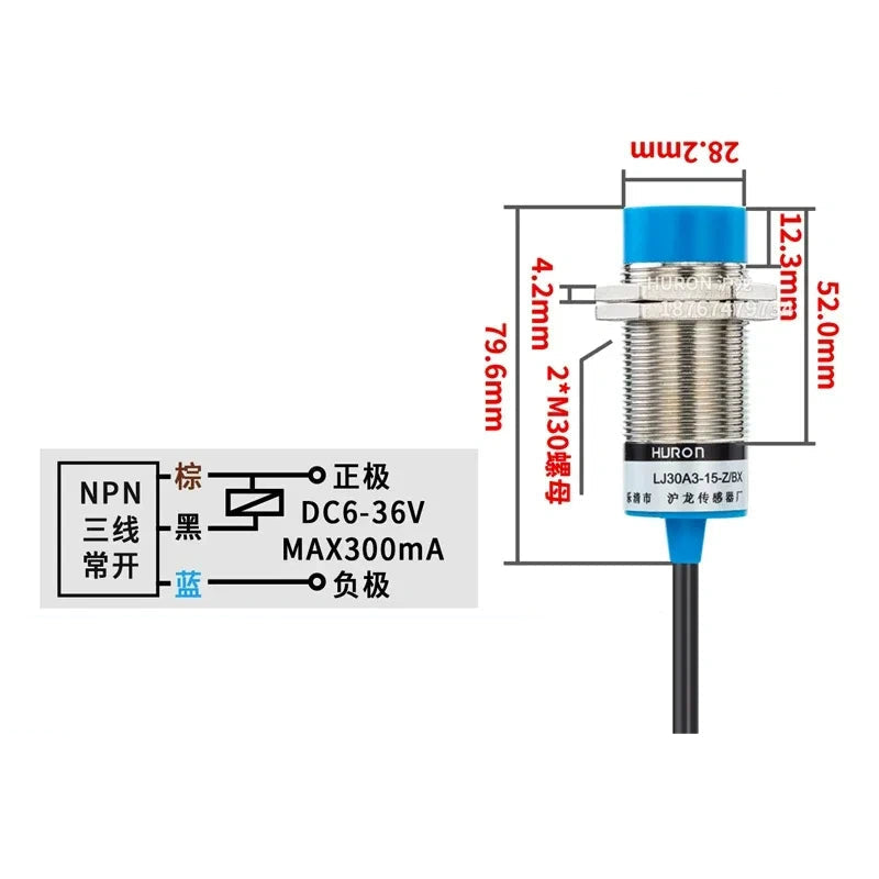 LJ30A3-15-Z/BX proximity sensor, M30 inductive switch with measuring distance 15mm proximity sensor, Non-flush-mount type proximity switch with cable length 1.2M, DC 3-Wire NPN NO metal detector