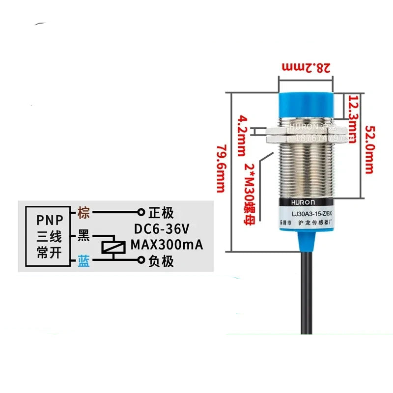 LJ30A3-15-Z/BY proximity sensor, M30 inductive switch with measuring distance 15mm proximity sensor, Non-flush-mount type proximity switch with cable length 1.2M, DC 3-Wire PNP NO metal detector
