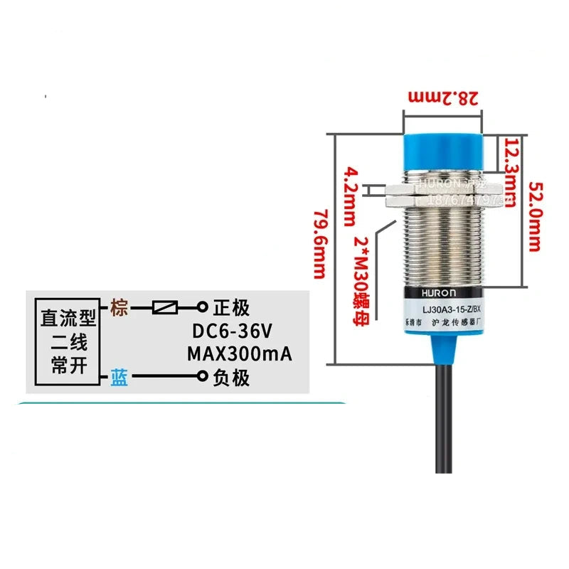 LJ30A3-15-Z/DX proximity sensor, M30 inductive switch with measuring distance 15mm proximity sensor, Non-flush-mount type proximity switch with cable length 1.2M, DC 2-Wire NC metal detector