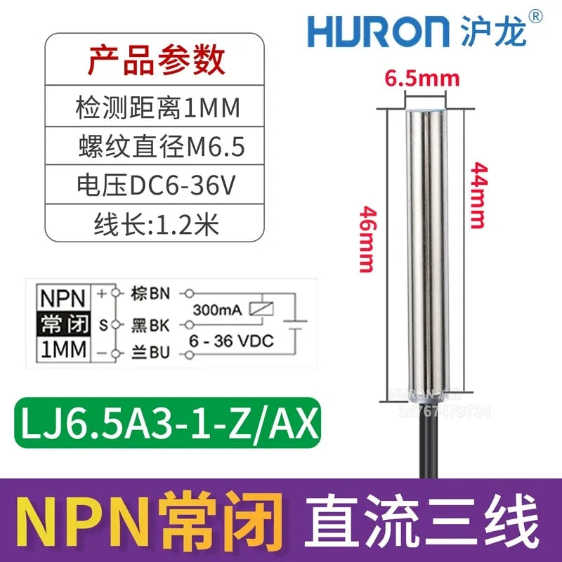 mini inductive proximity sensor, LJ6.5A3-1-z/AX M6.5 proximity switch flush-mount shielded type, measuring distance 1mm metal detector, DC 3-Wire NPN NC proximity switch with wire length 1.2M, 