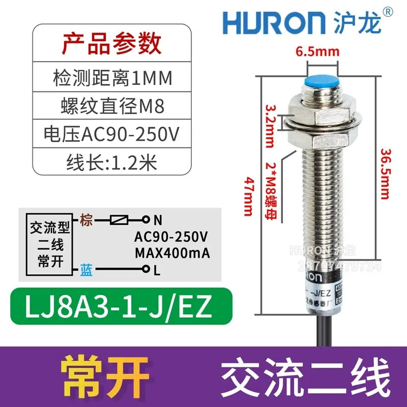 LJ8A3 proximity sensor, M8 inductive switch LJ8A3-1-J/EZ, AC 2-Wire NO proximity switch, flat head flush mount sensor with sensing distance 1mm