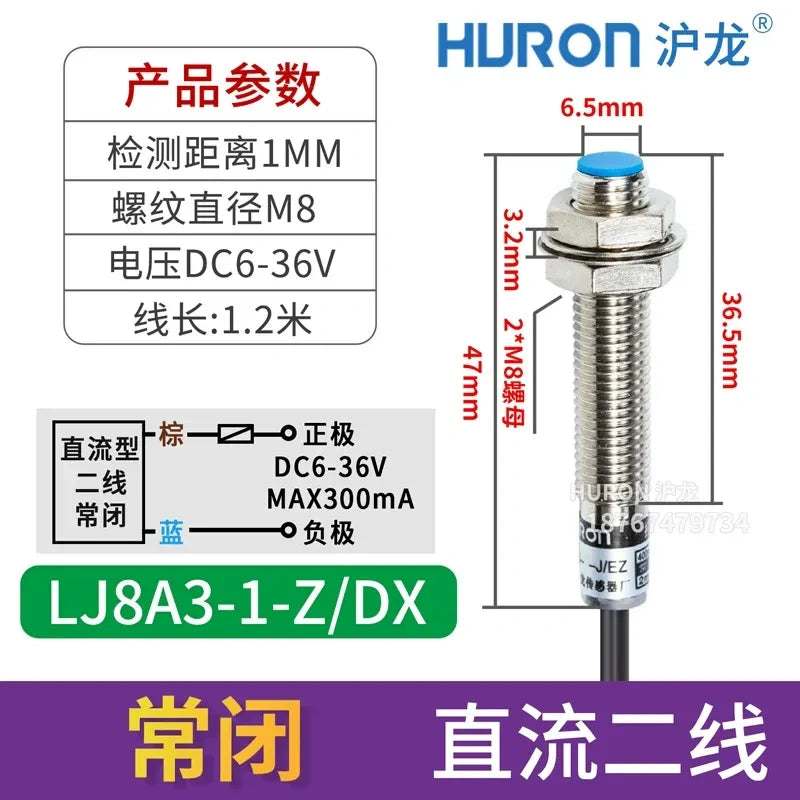 LJ8A3 proximity sensor, M8 inductive switch LJ8A3-1-J/DX, DC 2-Wire NC proximity switch, flat head flush mount sensor with sensing distance 1mm