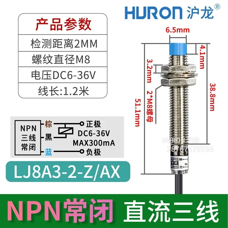 LJ8A3 proximity sensor, M8 inductive switch LJ8A3-2-Z/AX, DC 3-Wire NPN NC proximity switch, high head non-flush mount sensor with sensing distance 2mm