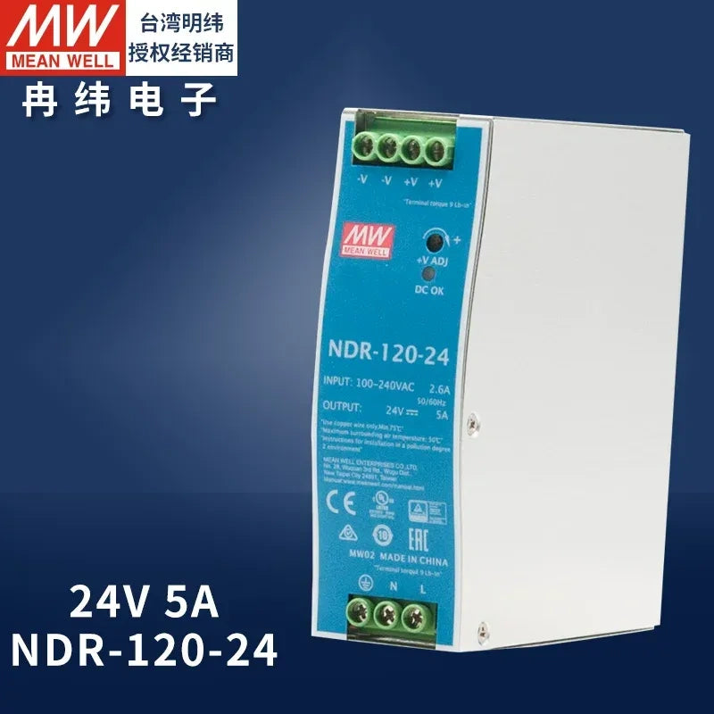 Mean Well original power supply, slim DIN rail power supply, PLC power supply ndr-120-24