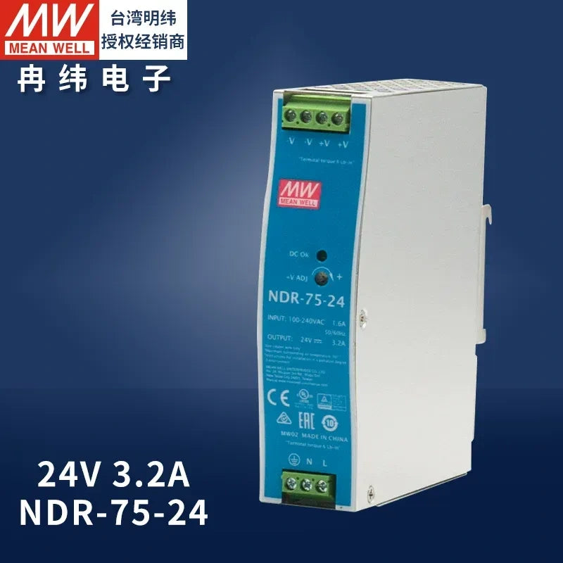 Mean Well original power supply, slim DIN rail power supply, PLC power supply ndr-75-24