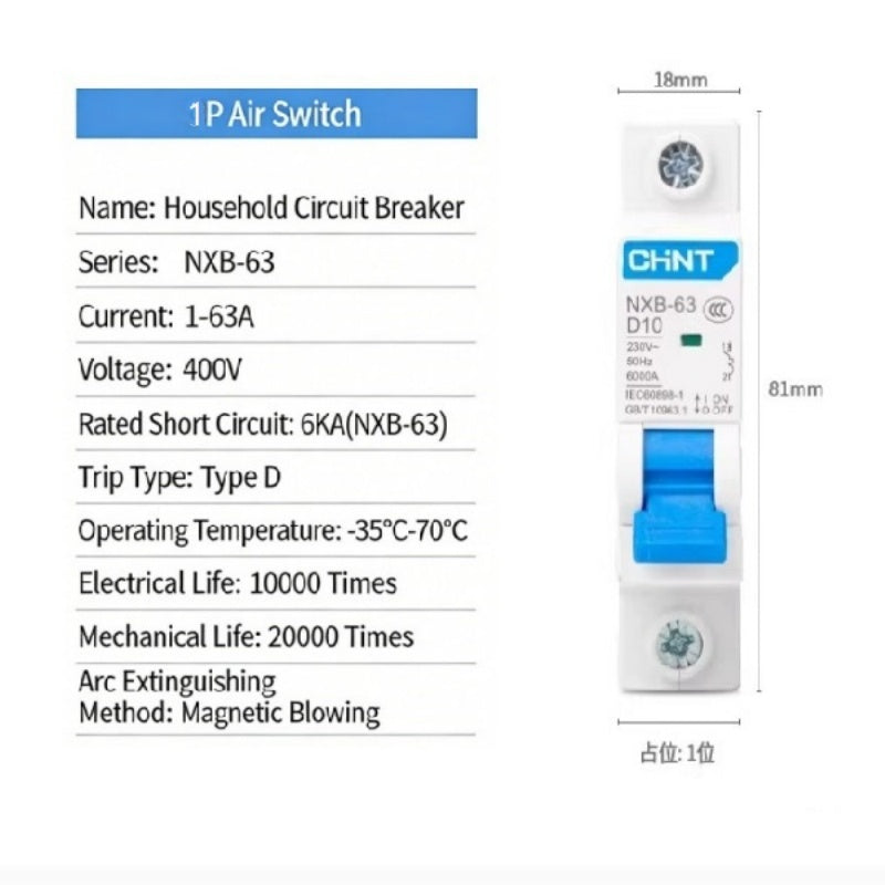 CHINT NXB-63 D-Type MCB 6A-125A 1P 2P 3P 4P Motor-Specific Power Circuit Breaker