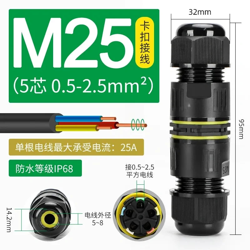 M25 waterproof connector,IP68 0.5-2.5mm 4 Core cable splitter,underground cable connector,outdoor electrical quick push-in type connector,screw wiring terminal for cable OD 5-8mm 20AWG