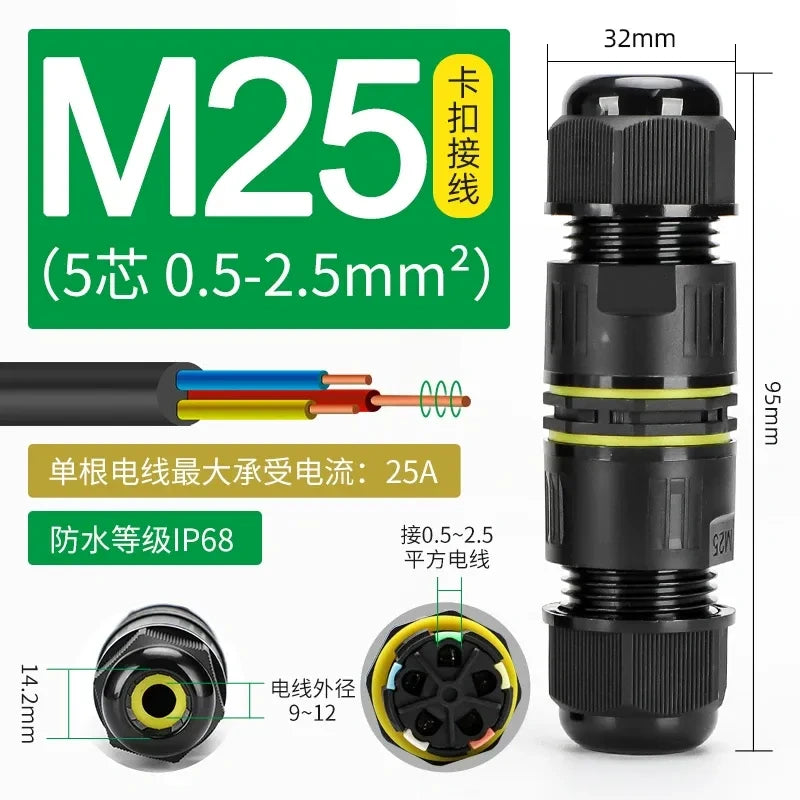 M25 waterproof connector,IP68 0.5-2.5mm 4 Core cable splitter,underground cable connector,outdoor electrical quick push-in type connector,screw wiring terminal for cable OD 9-12mm 16AWG