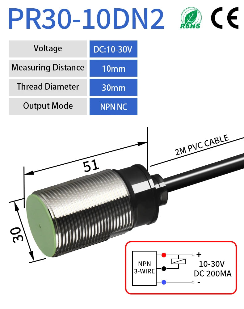 GTRIC M30 Inductive Proximity Sensor Switch PR30-10DN PR30-10DP Flush NPN PNP 12-24V DC IP67 Protection Metal Proximity Switch