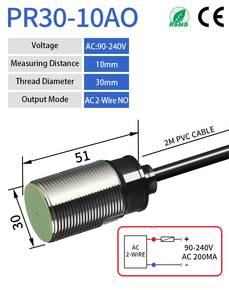 GTRIC M30 Inductive Proximity Sensor Switch PR30-10DN PR30-10DP Flush NPN PNP 12-24V DC IP67 Protection Metal Proximity Switch