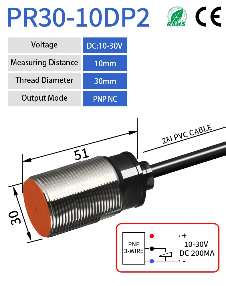 GTRIC M30 Inductive Proximity Sensor Switch PR30-10DN PR30-10DP Flush NPN PNP 12-24V DC IP67 Protection Metal Proximity Switch