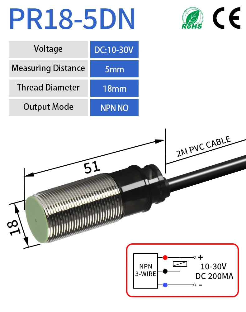 GTRIC PR18 Series Proximity Sensor Switch 12-24VDC NPN PNP PR18-5DN PR18-5DP 5mm Sensing M18 Flush Inductive Proximity Switch