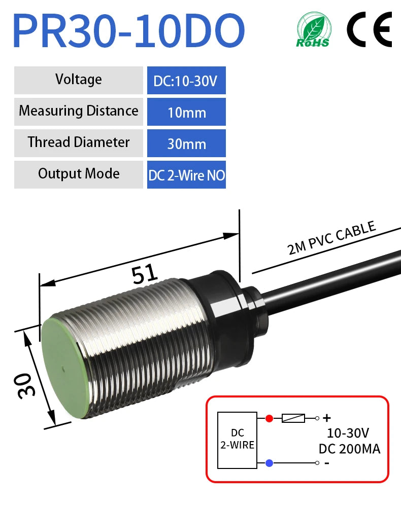GTRIC M30 Inductive Proximity Sensor Switch PR30-10DN PR30-10DP Flush NPN PNP 12-24V DC IP67 Protection Metal Proximity Switch
