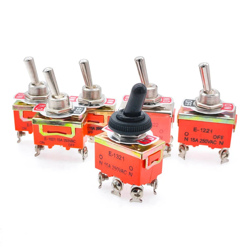 toggle switch, 15a 250v toggle switch, spst toggle switch, dpdt toggle switch, on-off-on toggle switch, on-on rocker toggle, waterproof cap toggle switch, e-1322 switch, e-1221 switch, panel mount toggle switch
