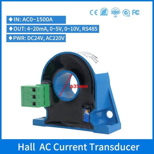Hall Effect Current Sensor 600A Closed Loop Split Core AC Current Transmitter 4-20mA AC CT Hall Current Transducer 35mm aperture|DC24V powered