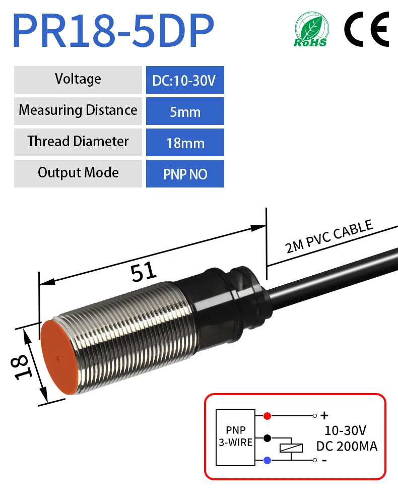 GTRIC PR18 Series Proximity Sensor Switch 12-24VDC NPN PNP PR18-5DN PR18-5DP 5mm Sensing M18 Flush Inductive Proximity Switch