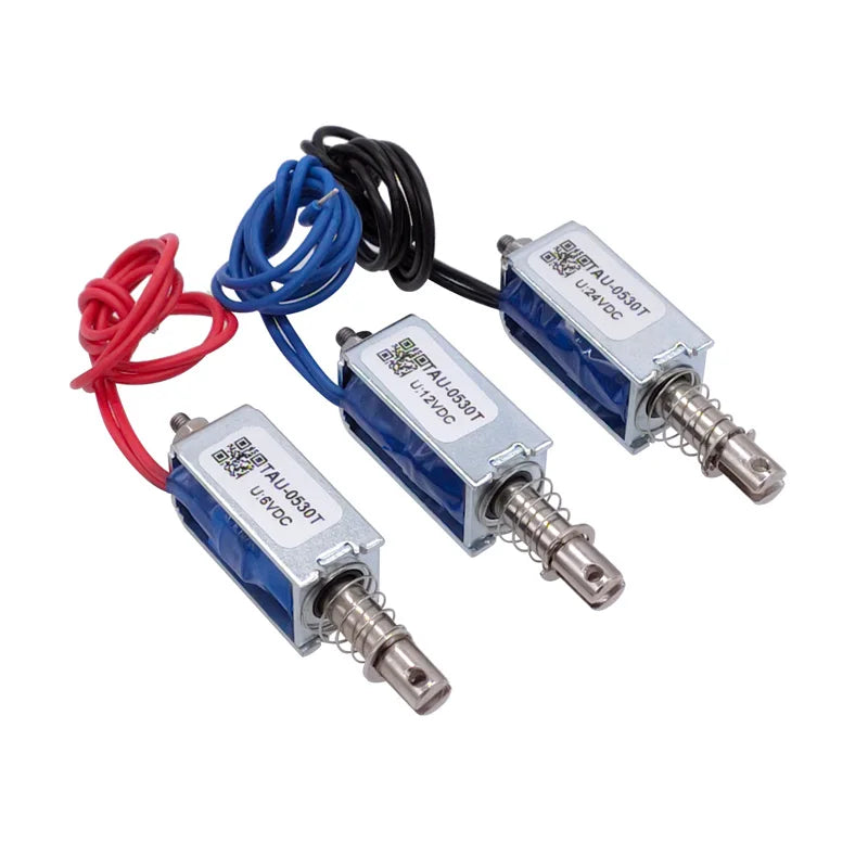 TAU-0530 solenoid, TAU-0530T electromagnet, TAU-0530B solenoid, 10mm stroke push pull solenoid, 700g holding force electromagnet, dc6v linear solenoid, dc12v open frame solenoid, dc24v spring return actuator, small pull solenoid, automation electromagnet
