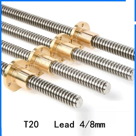 T20 Lead Screw For CNC 3D Printer Stepper Motor Trapezoidal Screw With Brass Nut 100 150 200 250 300 350 400 500mm Lead 4mm 8mm