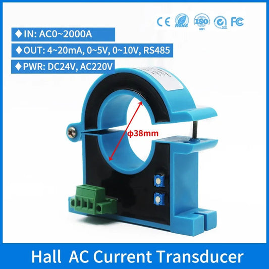 Factory price 0-500A AC Current Transmitter Hall Effect Open Loop Split Core Current Sensor 4-20ma AC Current Transducer 38mm aperture|DC24V