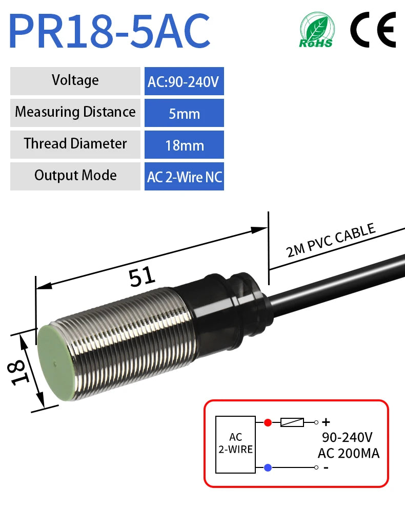GTRIC PR18 Series Proximity Sensor Switch 12-24VDC NPN PNP PR18-5DN PR18-5DP 5mm Sensing M18 Flush Inductive Proximity Switch