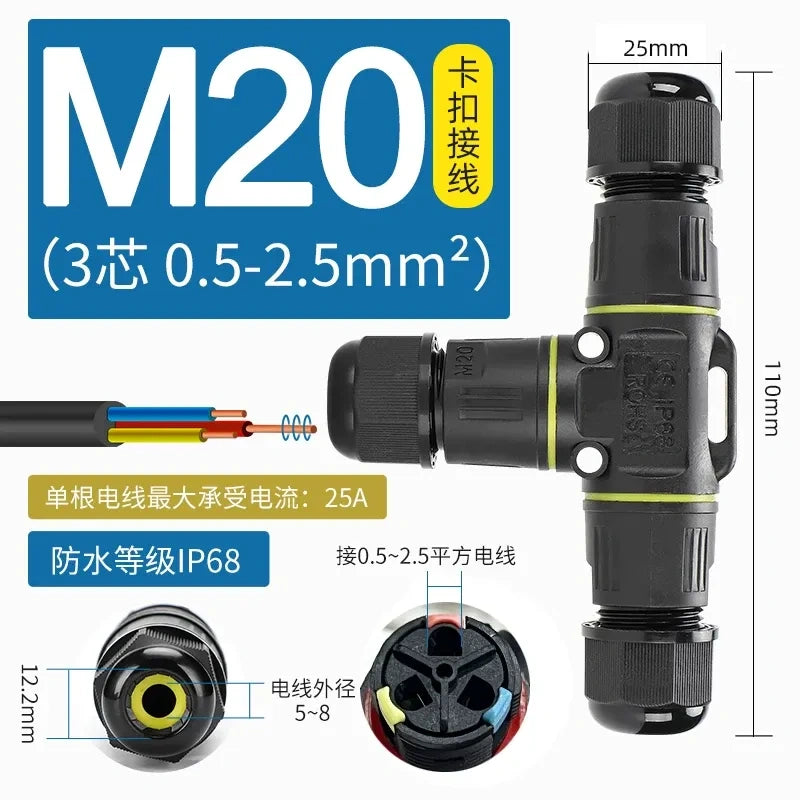 M20 waterproof cable connector,IP68 3p 0.5-4mm wire junction splitter, ip68 T-type 3-way(Tee) wire connector, quick push-in type wiring connector for 5–8mm cable OD: ~18 AWG to 12 AWG