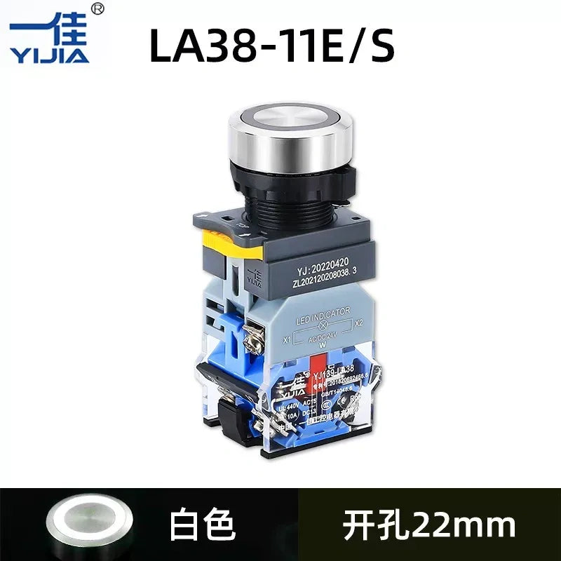 22mm Illuminated Push Button, WHITE Stainless Steel LED Button, LA38A-11E/S, LA38A-11EZ/S, 