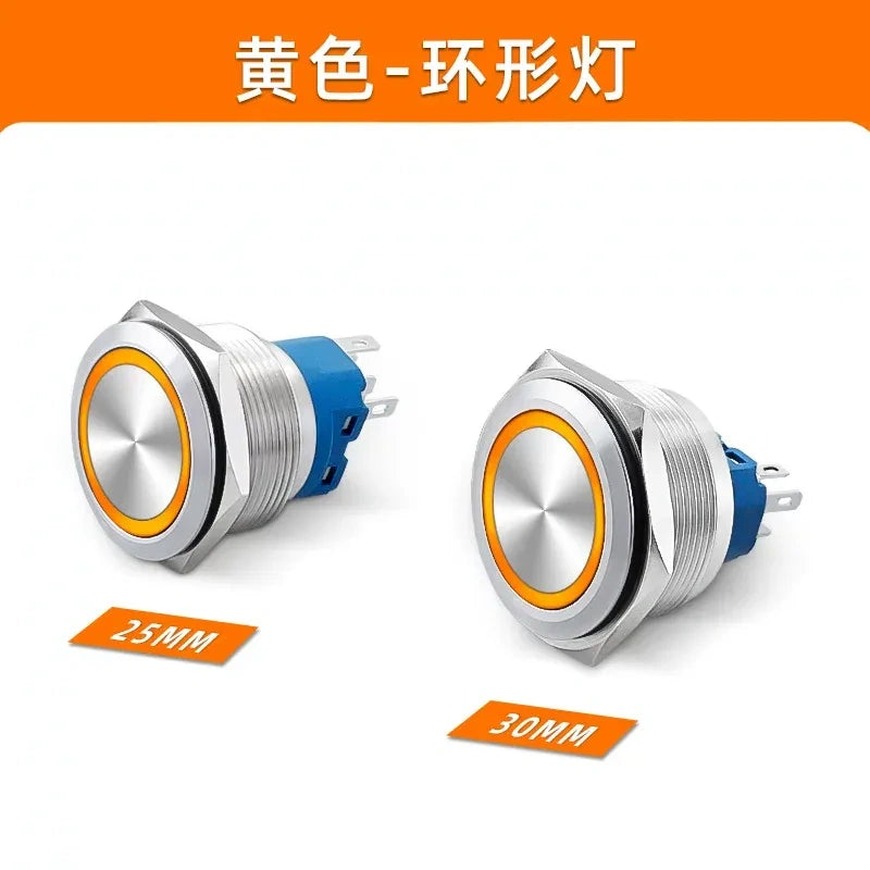 30mm Metal Push Button Switch, Stainless Steel Round Waterproof Momentary & Latching Button, IP66, 5A, LED Ring/Power Symbol Light