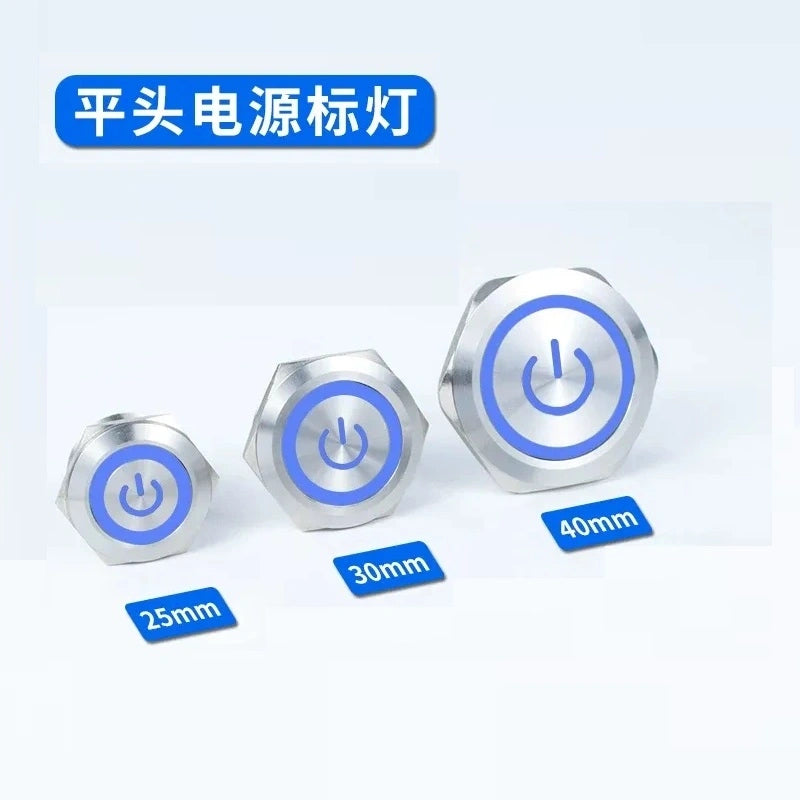 25mm latching switch,30mm momentary button,40mm power symbol button,ip65 waterproof metal switch,nickel‑plated brass button,large size push button with blue power led light