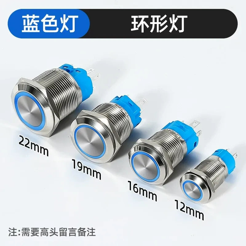 waterproof illuminated metal button, 12mm LED push button, 16mm ring light switch, 19mm power symbol button, 22mm latching switch, IP65 metal button,blue ring LED button