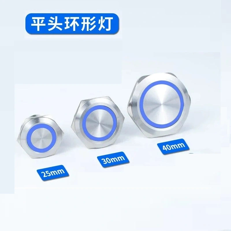 25mm latching switch,30mm momentary button,40mm power symbol button,ip65 waterproof metal switch,nickel‑plated brass button,large size push button with blue ring led light