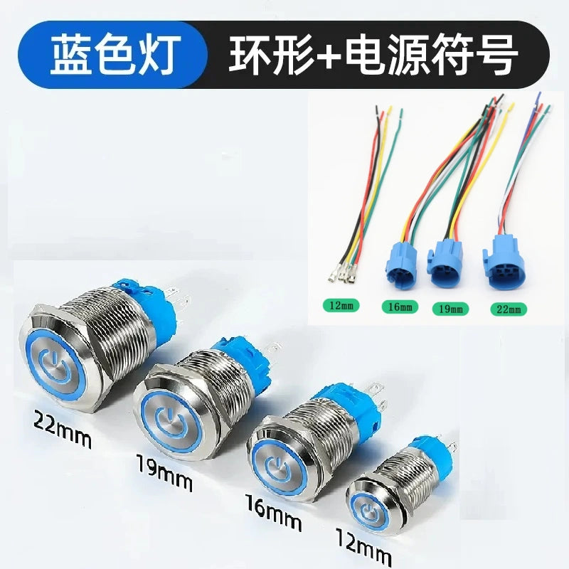 waterproof illuminated metal button, 12mm LED push button, 16mm ring light switch, 19mm power symbol button, 22mm latching switch, IP65 metal button,blue powerLED button with connecting wire