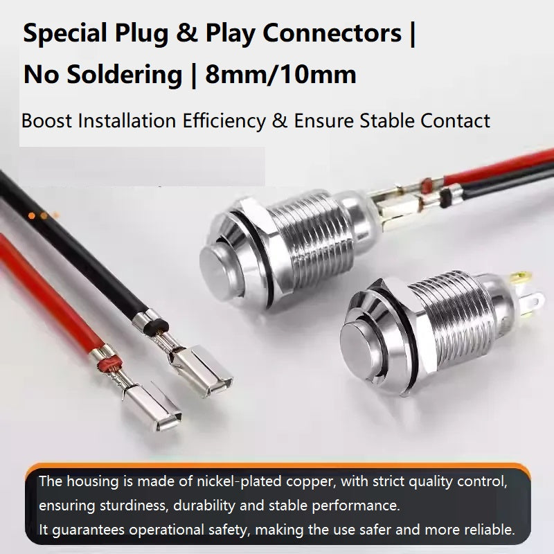 Metal Push Button Switch, 8mm, Nickel-Plated Copper, Waterproof Dustproof, Latching/Momentary, Solder/Plug-in Terminal, 12/24V DC, 110/220V AC