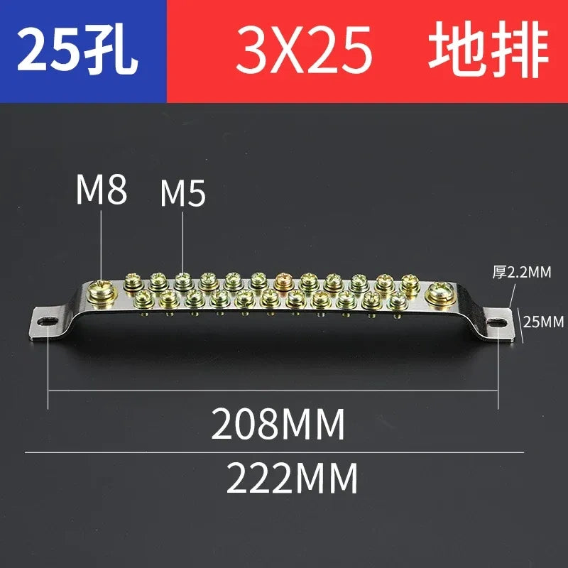 double row terminal block,25 hole 3x25 ground earth bar,bulk distribution terminal block for industrial cabinet,electrical cabinet wiring terminal