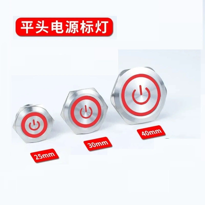 25mm latching switch,30mm momentary button,40mm power symbol button,ip65 waterproof metal switch,nickel‑plated brass button,large size push button with red power led light