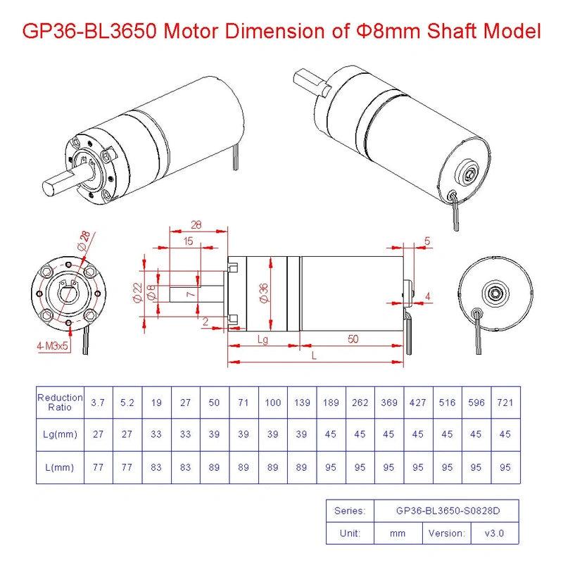 GP36-BL3650 DC Brushless 12V 24V Planetary Gear High Torque Low RPM Micro Gearbox BLDC Motor with reducer 10 80 300 1500 2000RPM.
