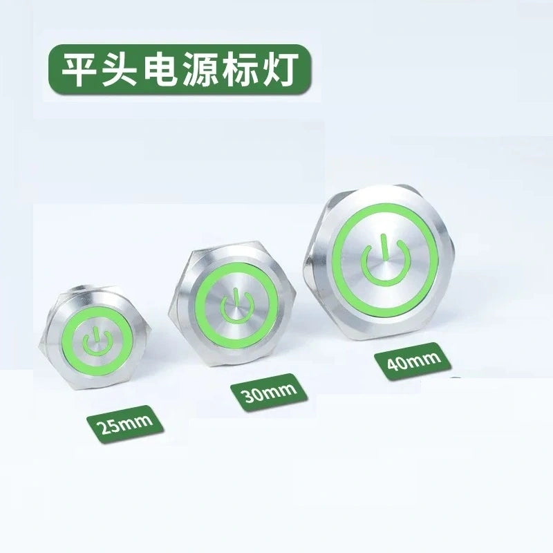 25mm latching switch,30mm momentary button,40mm power symbol button,ip65 waterproof metal switch,nickel‑plated brass button,large size push button with green power led light