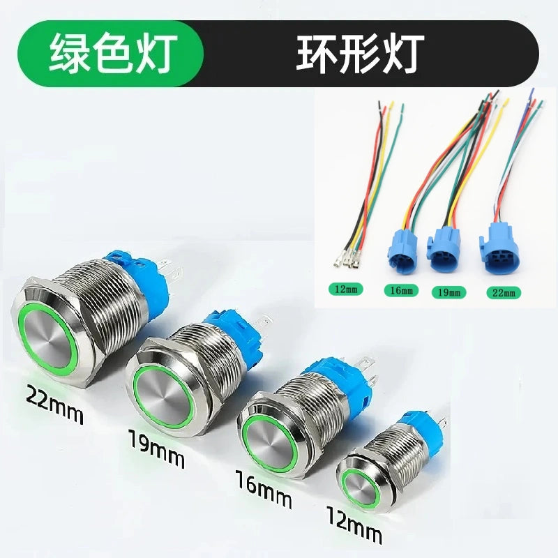 waterproof illuminated metal button, 12mm LED push button, 16mm ring light switch, 19mm power symbol button, 22mm latching switch, IP65 metal button,green ring LED button with connecting wire
