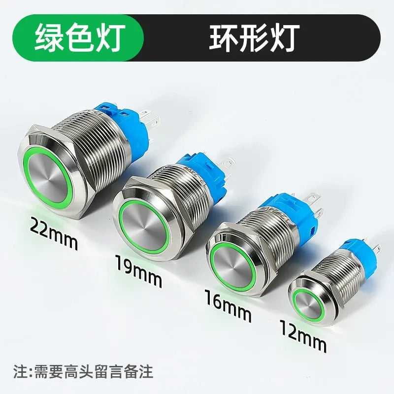 waterproof illuminated metal button, 12mm LED push button, 16mm ring light switch, 19mm power symbol button, 22mm latching switch, IP65 metal button,green ring LED button