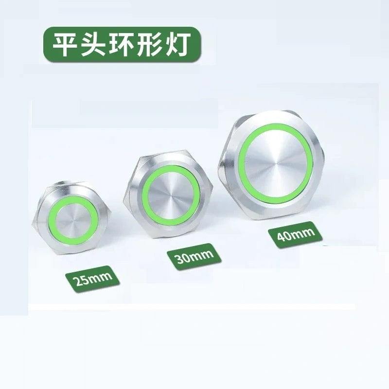 25mm latching switch,30mm momentary button,40mm power symbol button,ip65 waterproof metal switch,nickel‑plated brass button,large size push button with green ring led light
