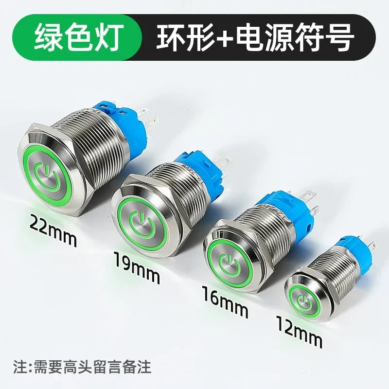 waterproof illuminated metal button, 12mm LED push button, 16mm ring light switch, 19mm power symbol button, 22mm latching switch, IP65 metal button,green power ring LED button