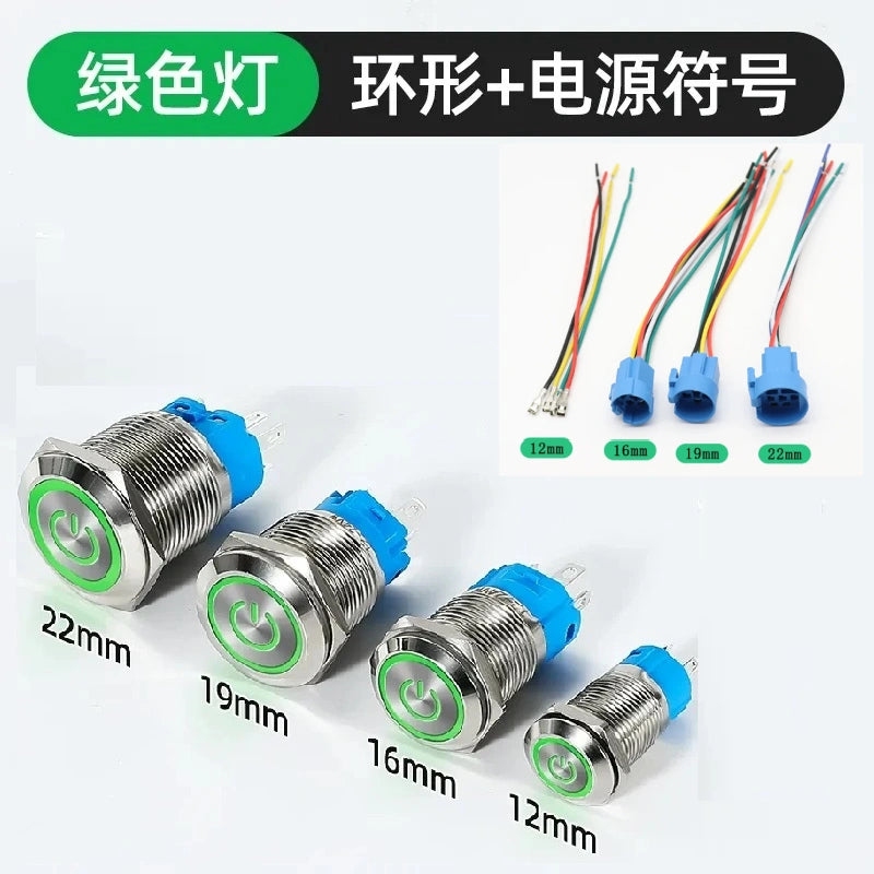 waterproof illuminated metal button, 12mm LED push button, 16mm ring light switch, 19mm power symbol button, 22mm latching switch, IP65 metal button,green power ring LED button with connecting wire