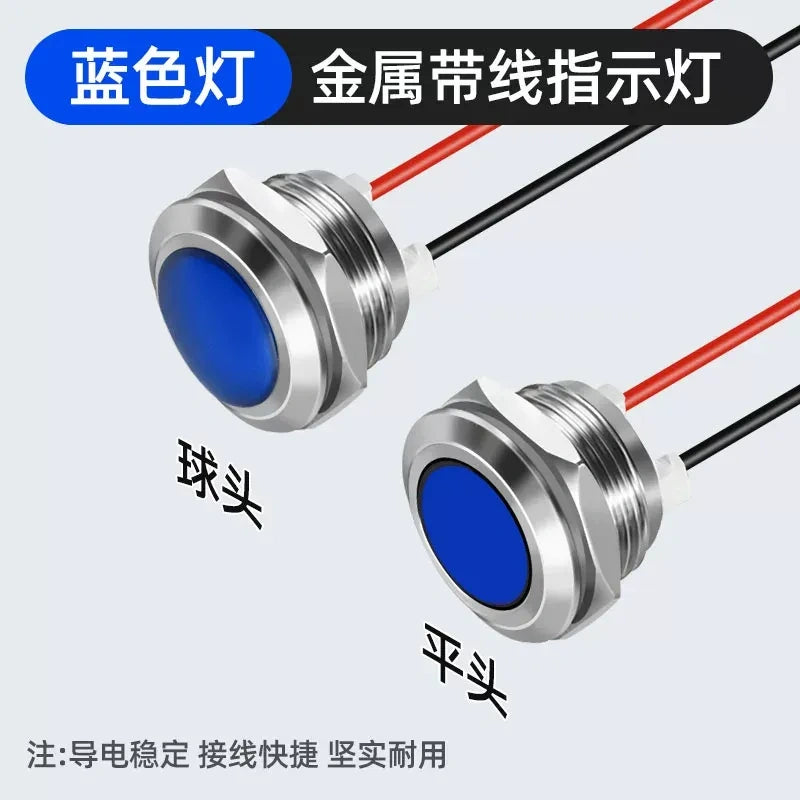 blue led metal indicator light, 6mm led indicator, 16mm waterproof light, 19mm pre-wired indicator, 22mm signal light, 25mm led pilot light, ip65 metal indicator, 12-24v led light, 220v signal indicator, flat head led light, ball head metal indicator, dual color led light, tri-color signal light, pre-wired led indicator, 40000 hour led light