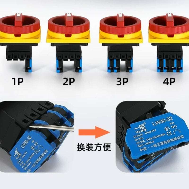 LW30 Load Break Switch, 25A/32A Rotary Disconnector, 1P/2P/3P/4P Main Switch, Silver Alloy Contact Switch, Modular Load Break Switch, Industrial Power Cutoff Switch, Motor Control Disconnector, Safety Isolation Switch, Control Panel Main Switch, Three-Phase Load Switch, Quick-Release Handle Switch, LW30-25 LW30-32