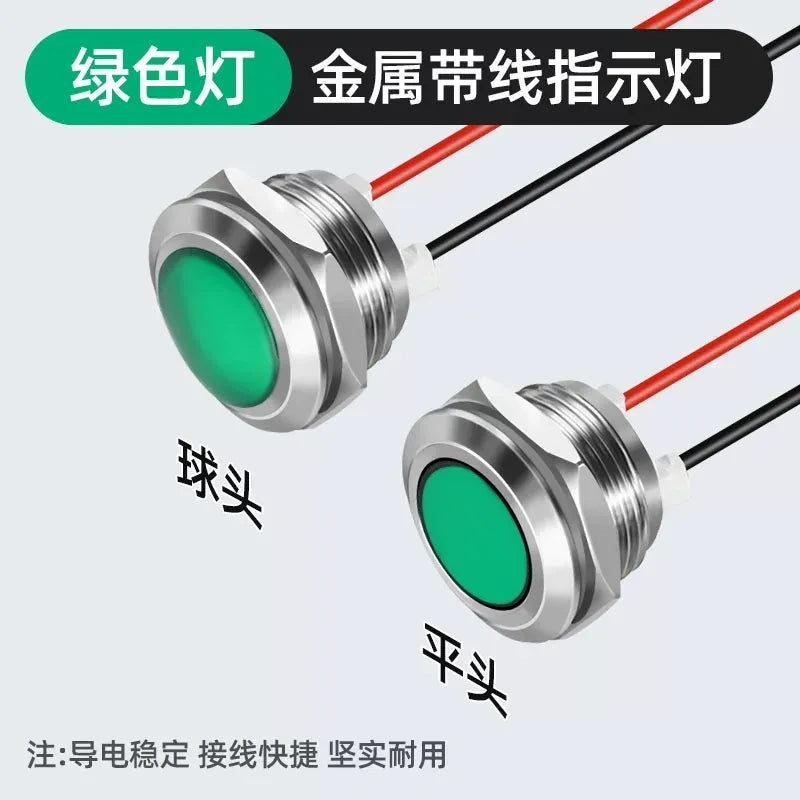 green led metal indicator light, 8mm led indicator, 16mm waterproof light, 19mm pre-wired indicator, 22mm signal light, 25mm led pilot light, ip65 metal indicator, 12-24v led light, 220v signal indicator, flat head led light, ball head metal indicator, dual color led light, tri-color signal light, pre-wired led indicator, 40000 hour led light