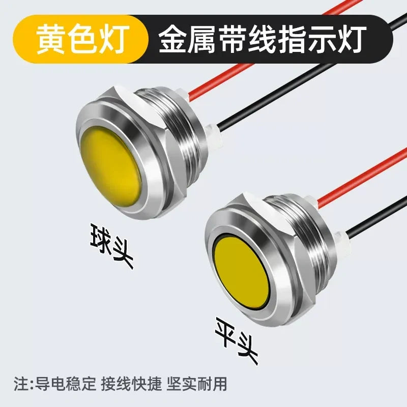 yellow led metal indicator light, 12mm led indicator, 16mm waterproof light, 19mm pre-wired indicator, 22mm signal light, 25mm led pilot light, ip65 metal indicator, 12-24v led light, 220v signal indicator, flat head led light, ball head metal indicator, dual color led light, tri-color signal light, pre-wired led indicator, 40000 hour led light