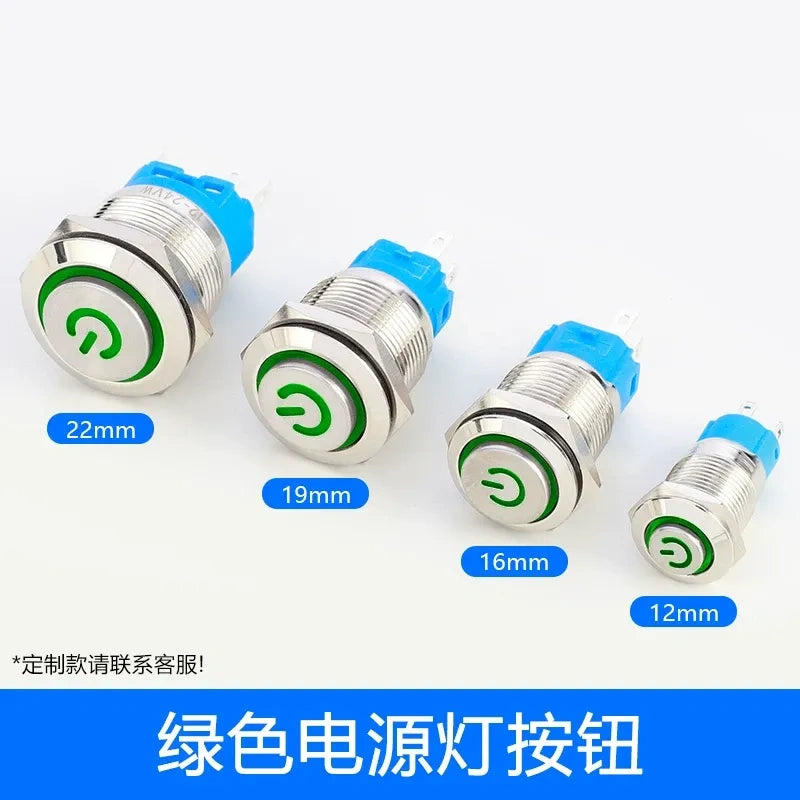 high head button switch green power led,metal push button switch,12mm button switch,16mm illuminated button,19mm power button,22mm waterproof switch,