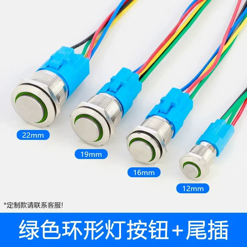 high head button switch geen ring led with wire,metal push button switch,12mm button switch,16mm illuminated button,19mm power button,22mm waterproof switch,