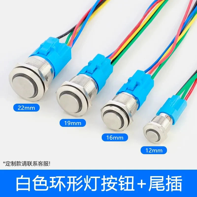 high head button switch white ring led with wire,metal push button switch,12mm button switch,16mm illuminated button,19mm power button,22mm waterproof switch,