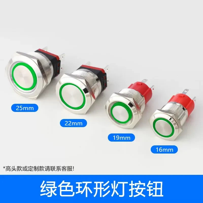 IP67 waterproof button ring green led, high power start switch, 16mm metal button, 19mm push button, 22mm led button, 25mm waterproof switch