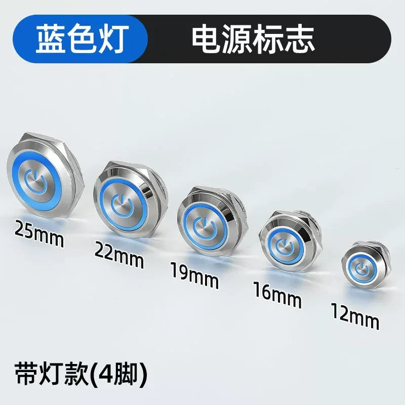blue power led ultra thin tactile button, short metal push button, 12mm momentary switch, 16mm LED tactile button, 19mm mini button, 22mm waterproof switch, 25mm power symbol button,
